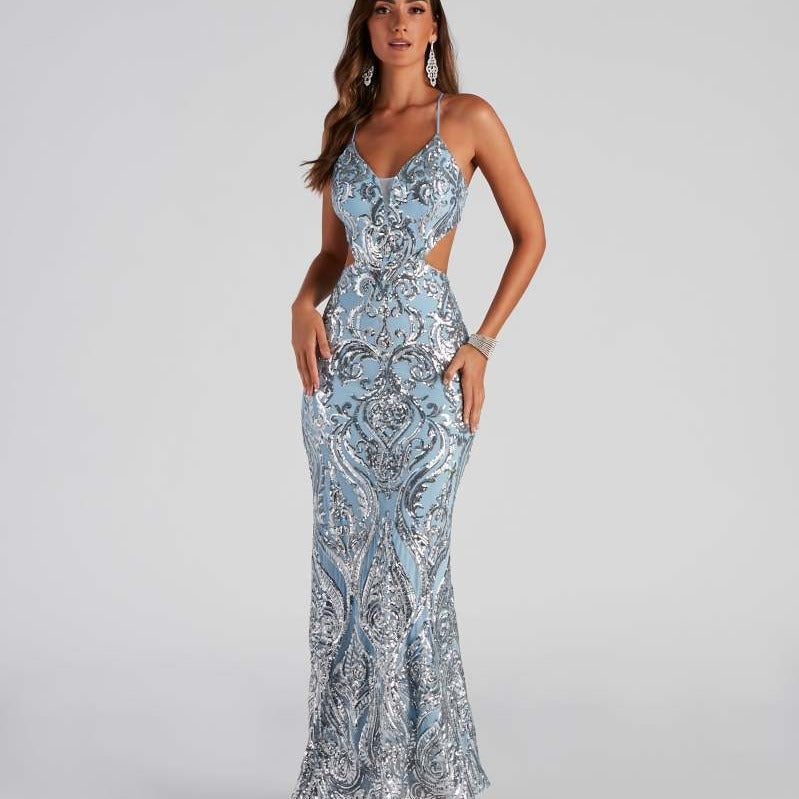 Sequin Maxi Dress - Open Back V-Neck Evening Gown