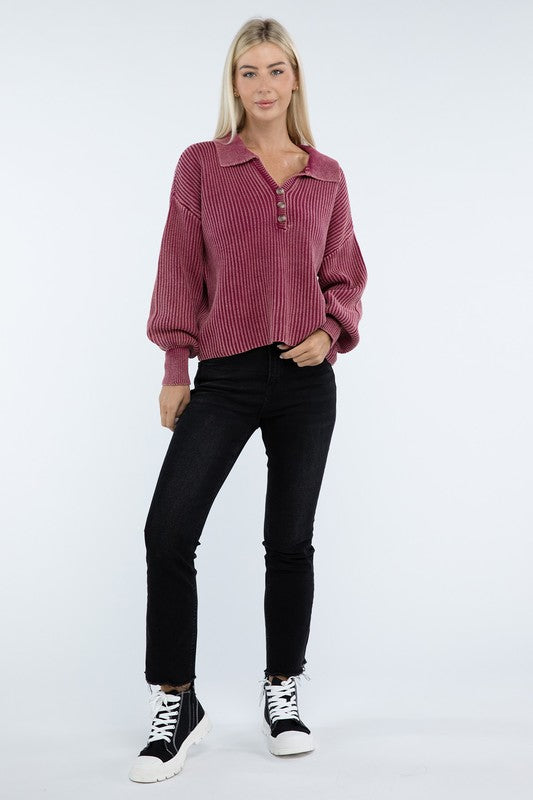 Ribbed Washed Collared Henley Sweater