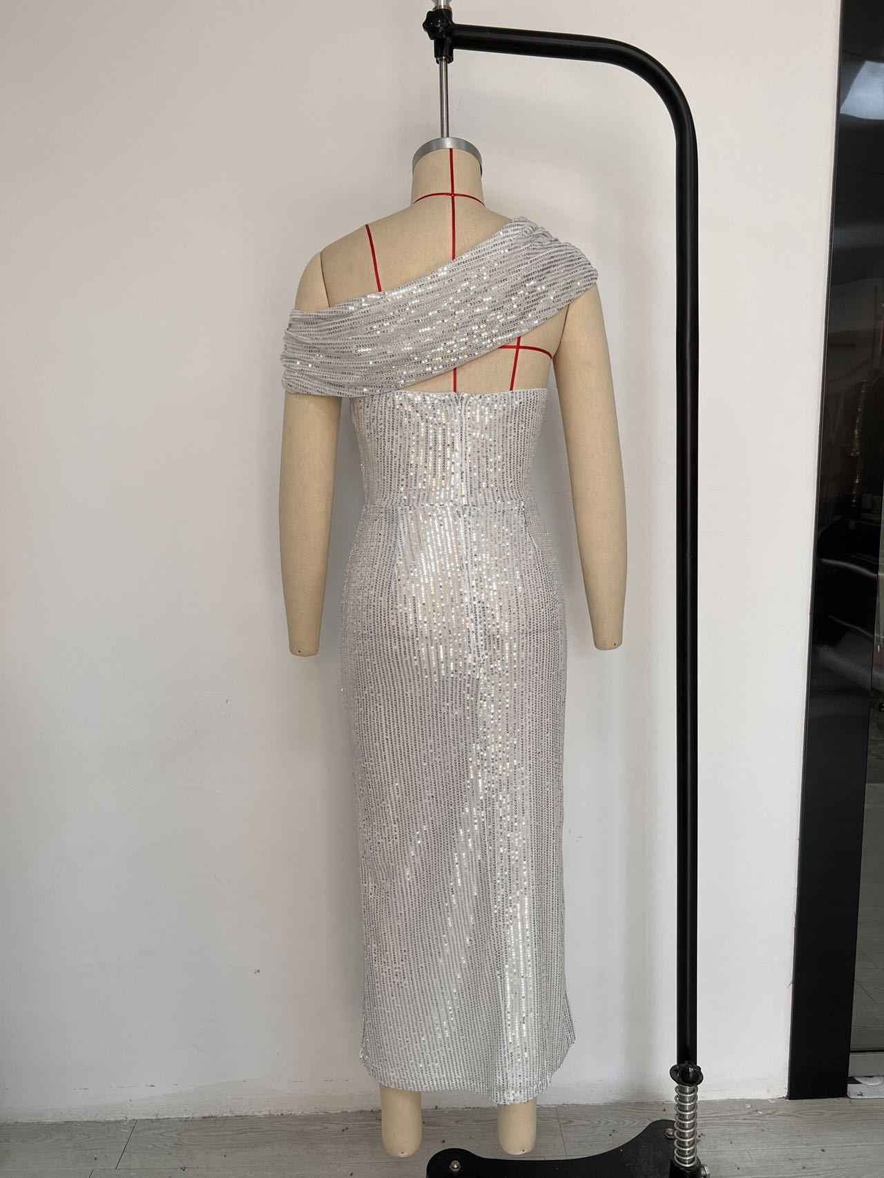 Sequin Midi Dress - White Short Sleeve Round Neck Party