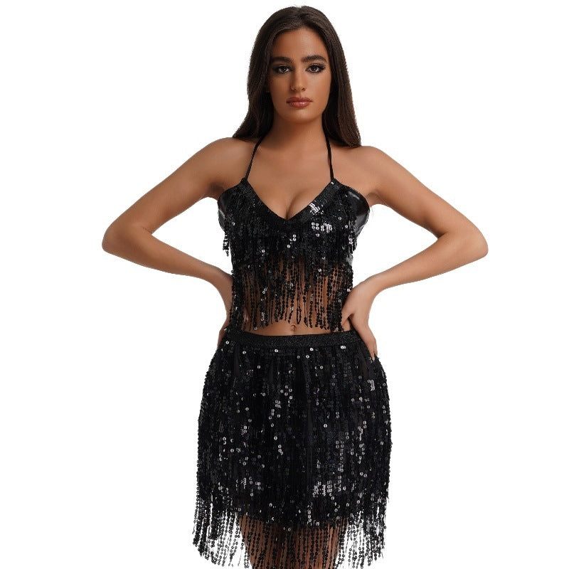Sexy Tassel Halter Belly Dance Costume Outfit Set