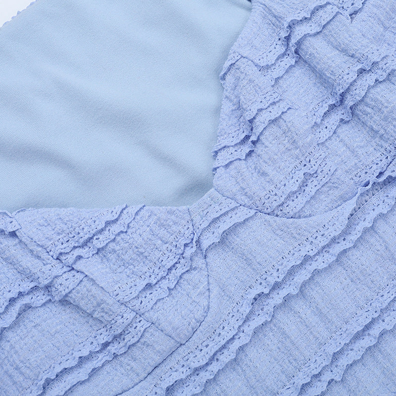 V-Neck Knit Mini Dress - Blue Textured Long Sleeve - Fashions Envy