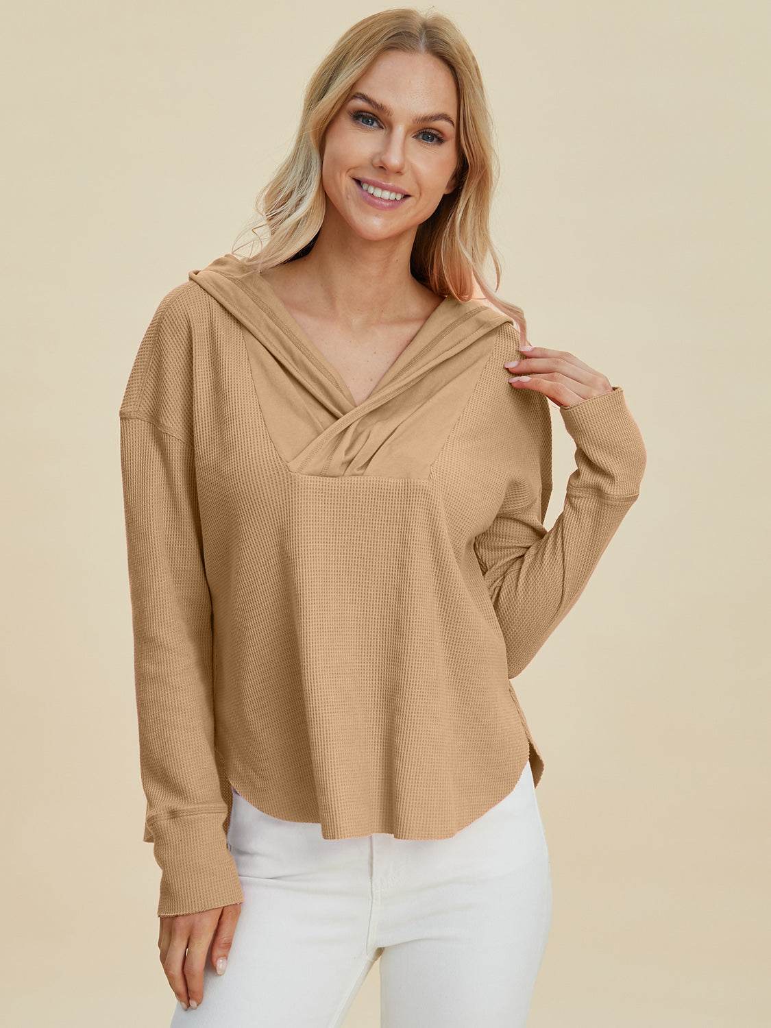 Double Take Full Size High-Low Dropped Shoulder Long Sleeve Hoodie - Fashions Envy