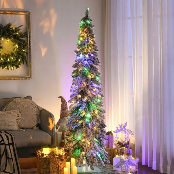 Snow Flocked Pencil Christmas Tree - 6 FT Pre-Lit