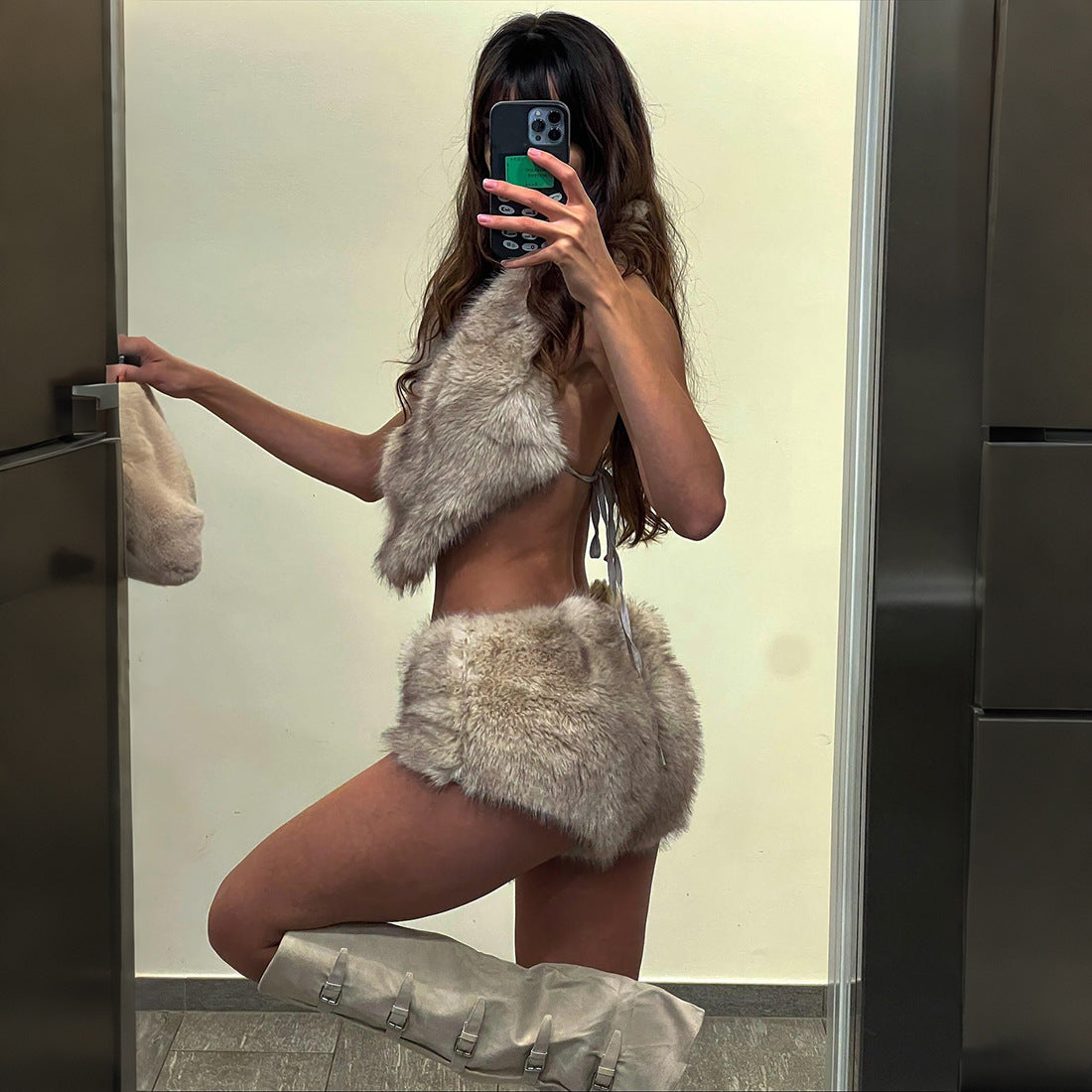 Backless Lace-Up Top and Shorts Set - Khaki Two Piece - Fashions Envy