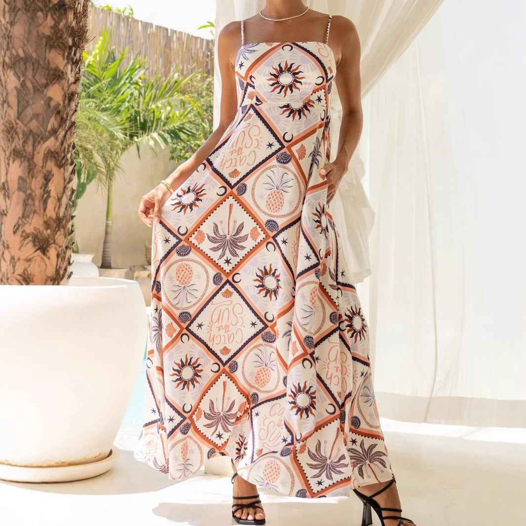 Summer Strap Abstract Tile Print Long Dress Bohemian Pocket Maxi Dress Beach Vacation Flowy Skirt