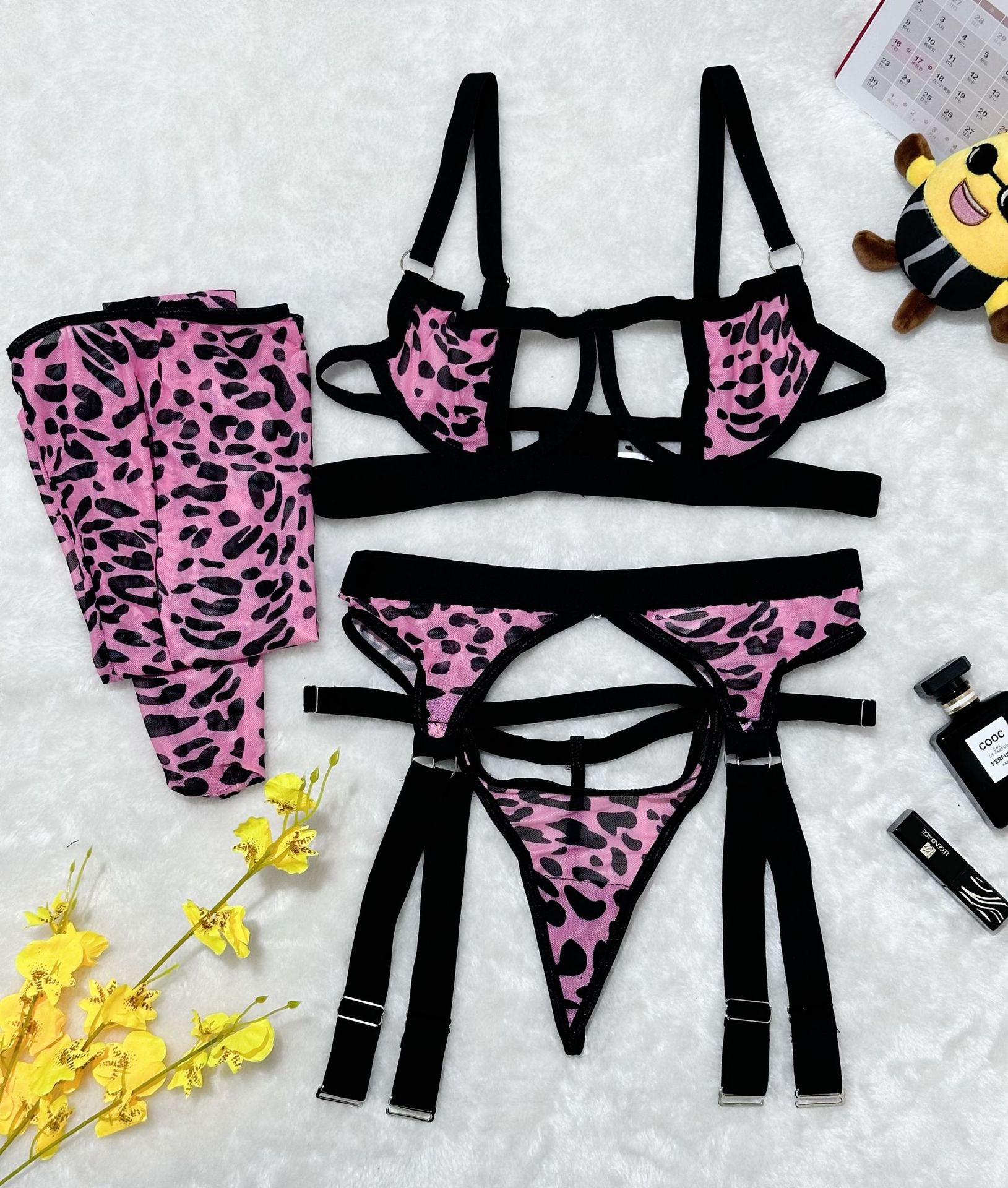 Wild Leopard Print Mesh Hollow-out Sexy Lingerie Four-piece Set with Thigh-high Socks - Fashions Envy