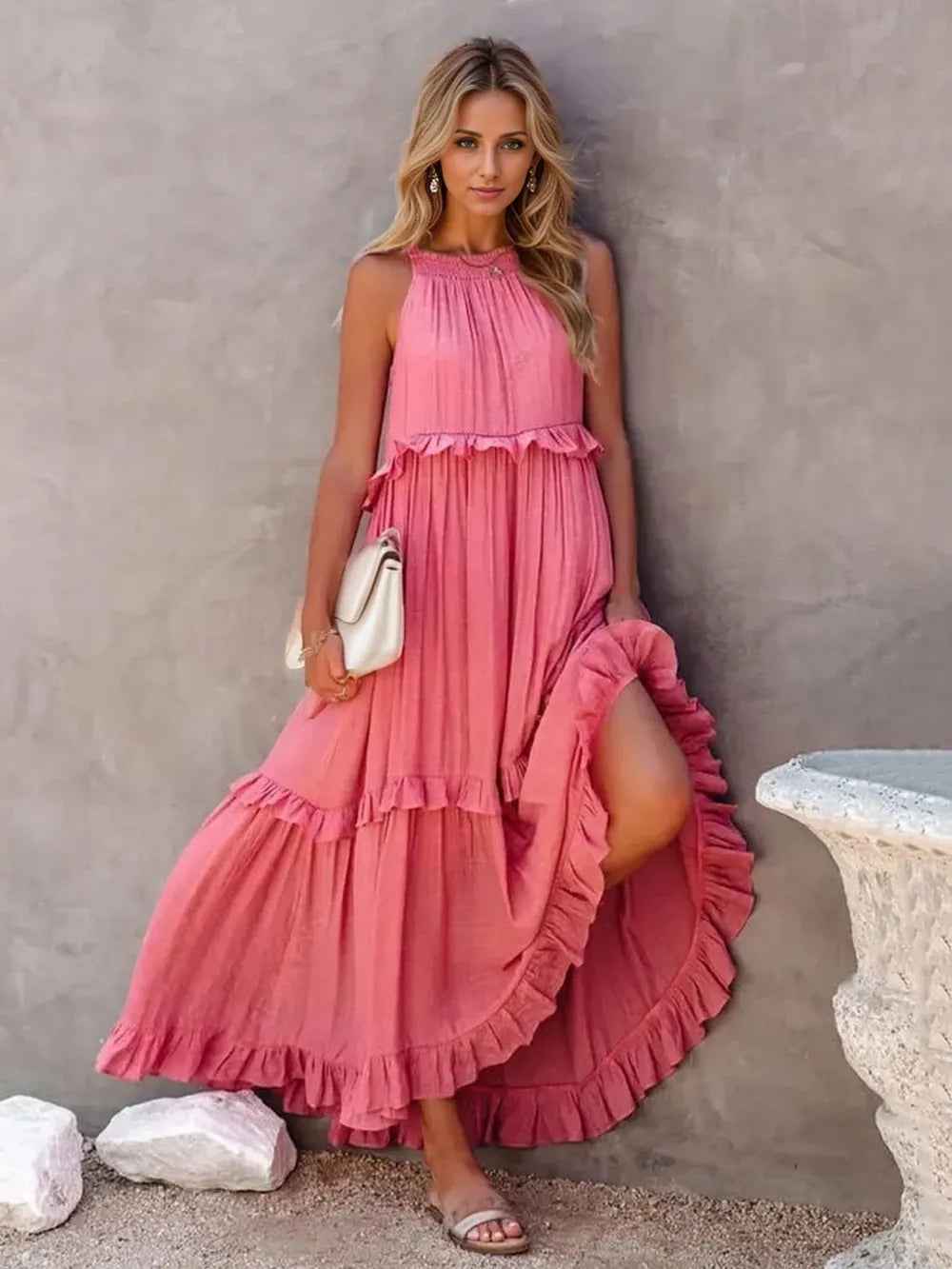 Smocked Tiered Ruffle Maxi Dress - Sleeveless with Pockets