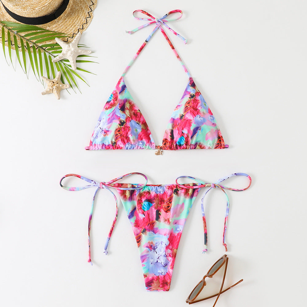 Halter Bikini - Printed Triangle Tie-Side - Fashions Envy