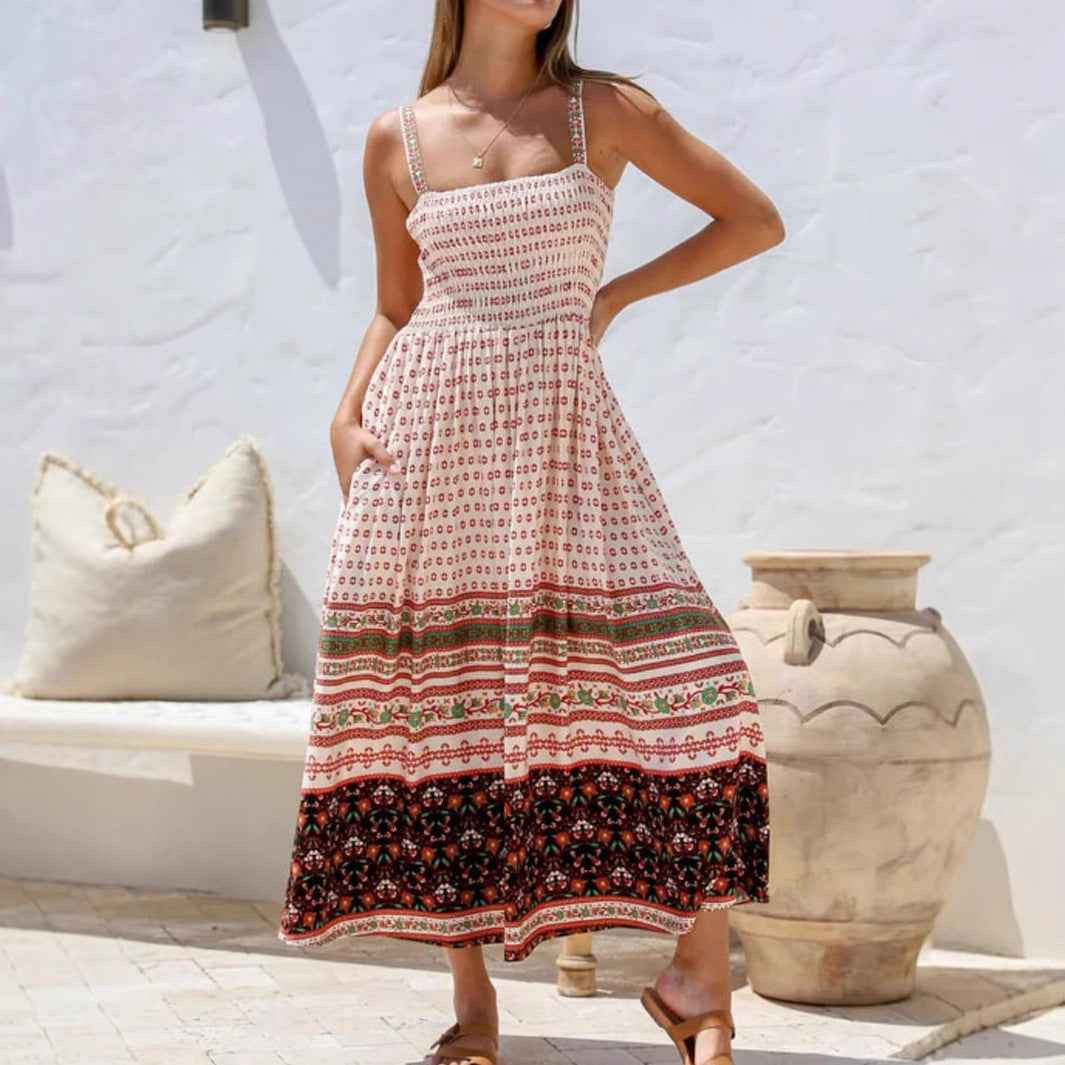 White Printed Midi Dress - Square Neck Sleeveless with Pockets