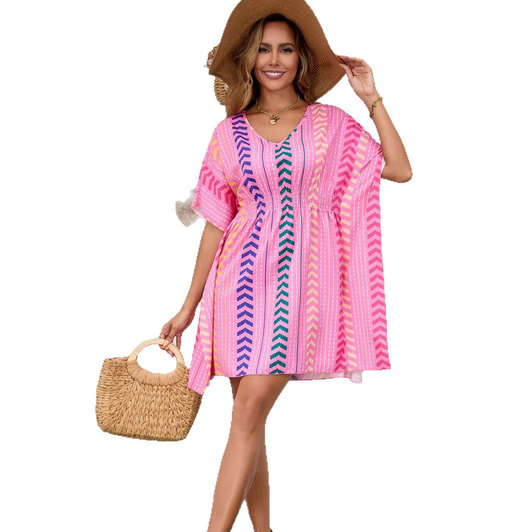 Printed Dress V-Neck Kaftan - Bohemian Vacation Style