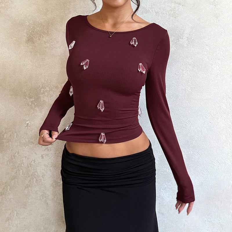 Rhinestone Long Sleeve Top - Burgundy Slim Fit Knit