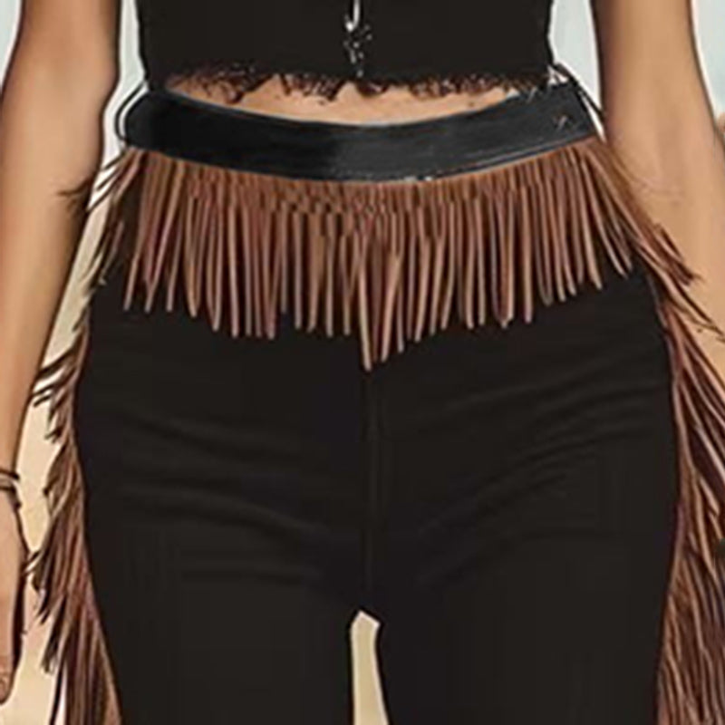 Women's Vintage Western Fringe Pants, Solid Color Slim Fit Trousers With Waist And Leg Fringe Detail