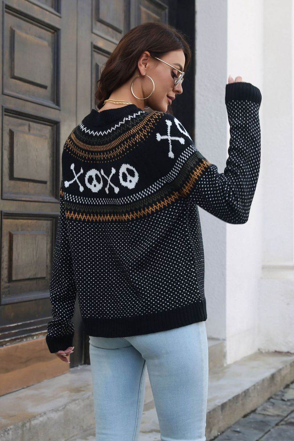 Ghost Pattern Round Neck Long Sleeve Sweater - Fashions Envy