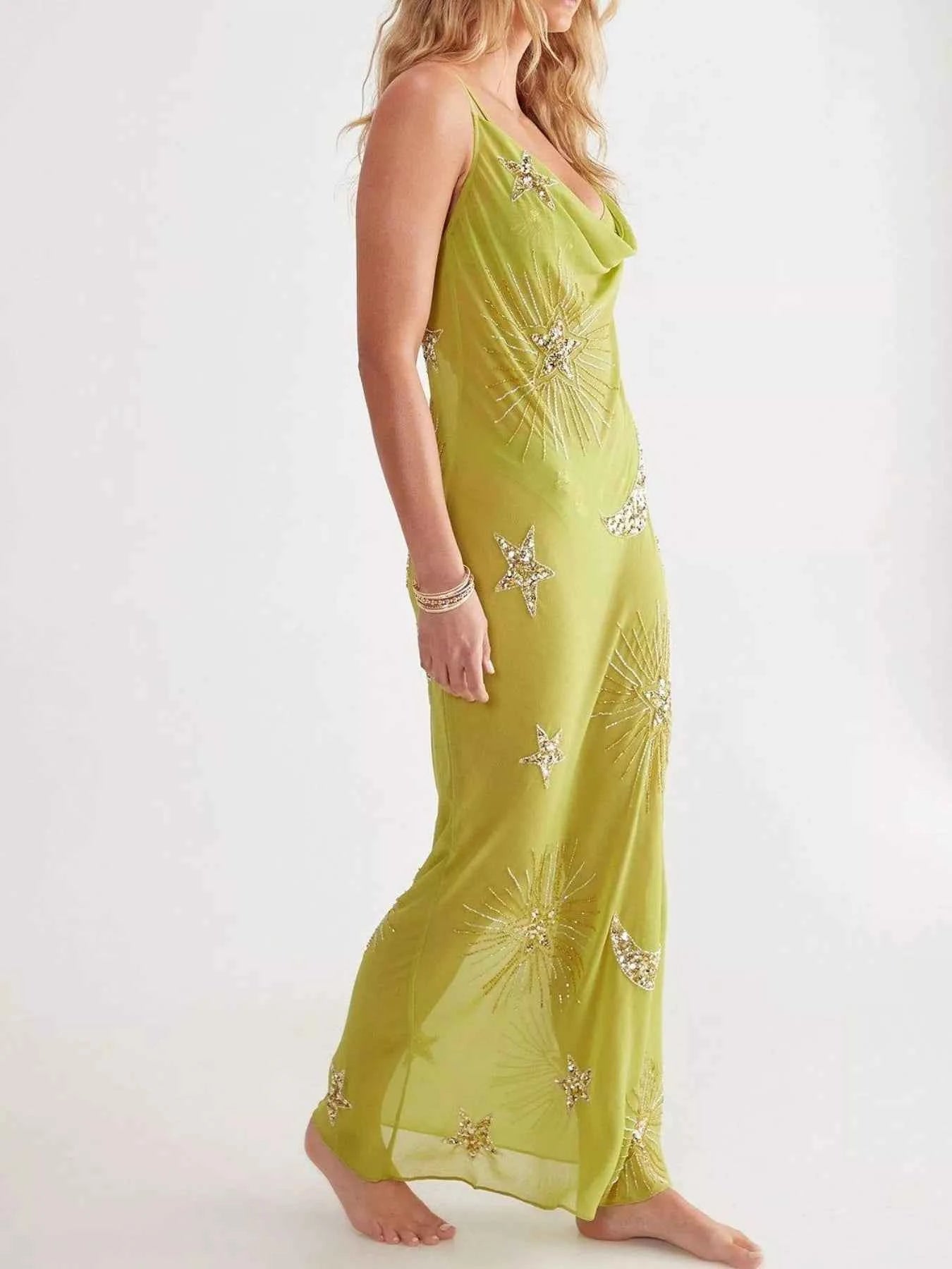 Sequin Maxi Cover Up Dress - Backless Sheer Resort Glam