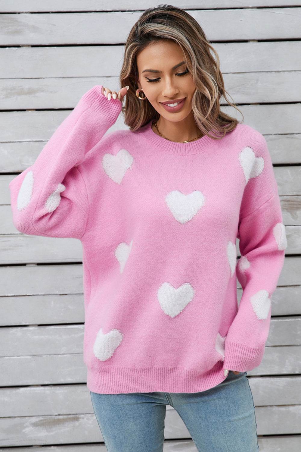Angel Wings Heart Round Neck Long Sleeve Sweater - Fashions Envy