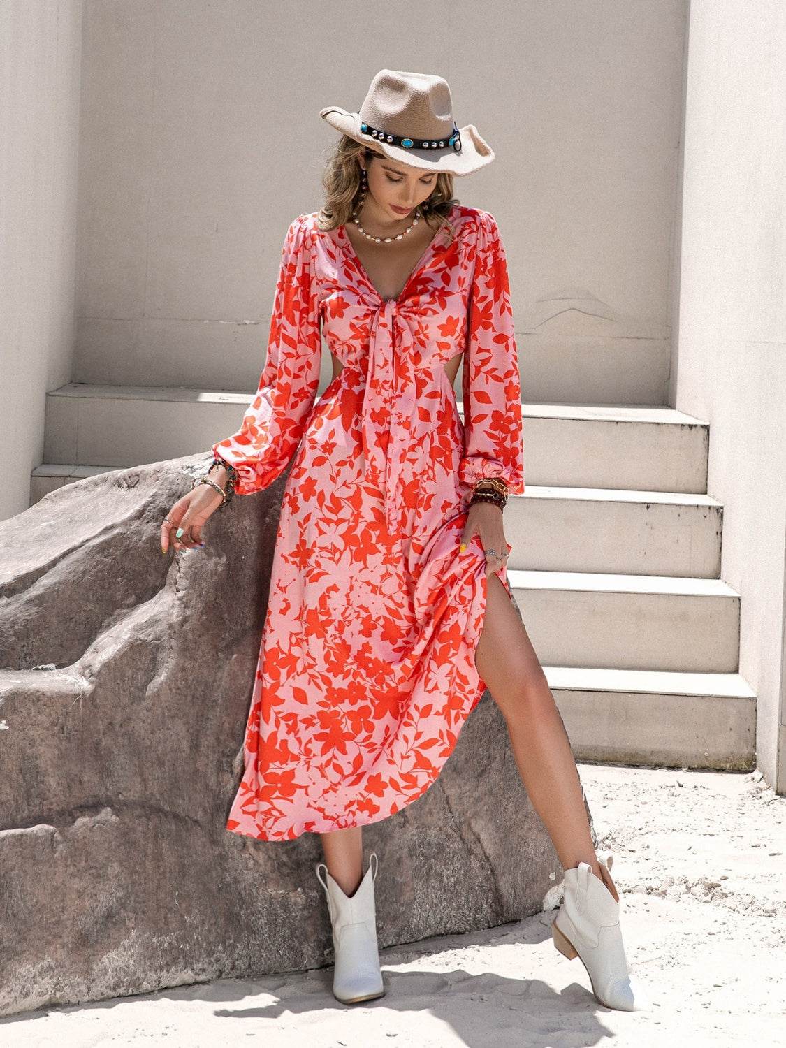 Tied Cutout Printed Long Sleeve Midi Dress - Fashions Envy