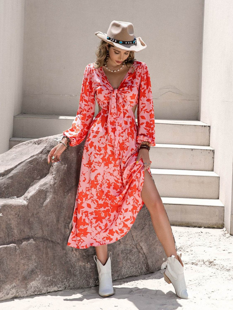 Tied Cutout Printed Long Sleeve Midi Dress - Fashions Envy