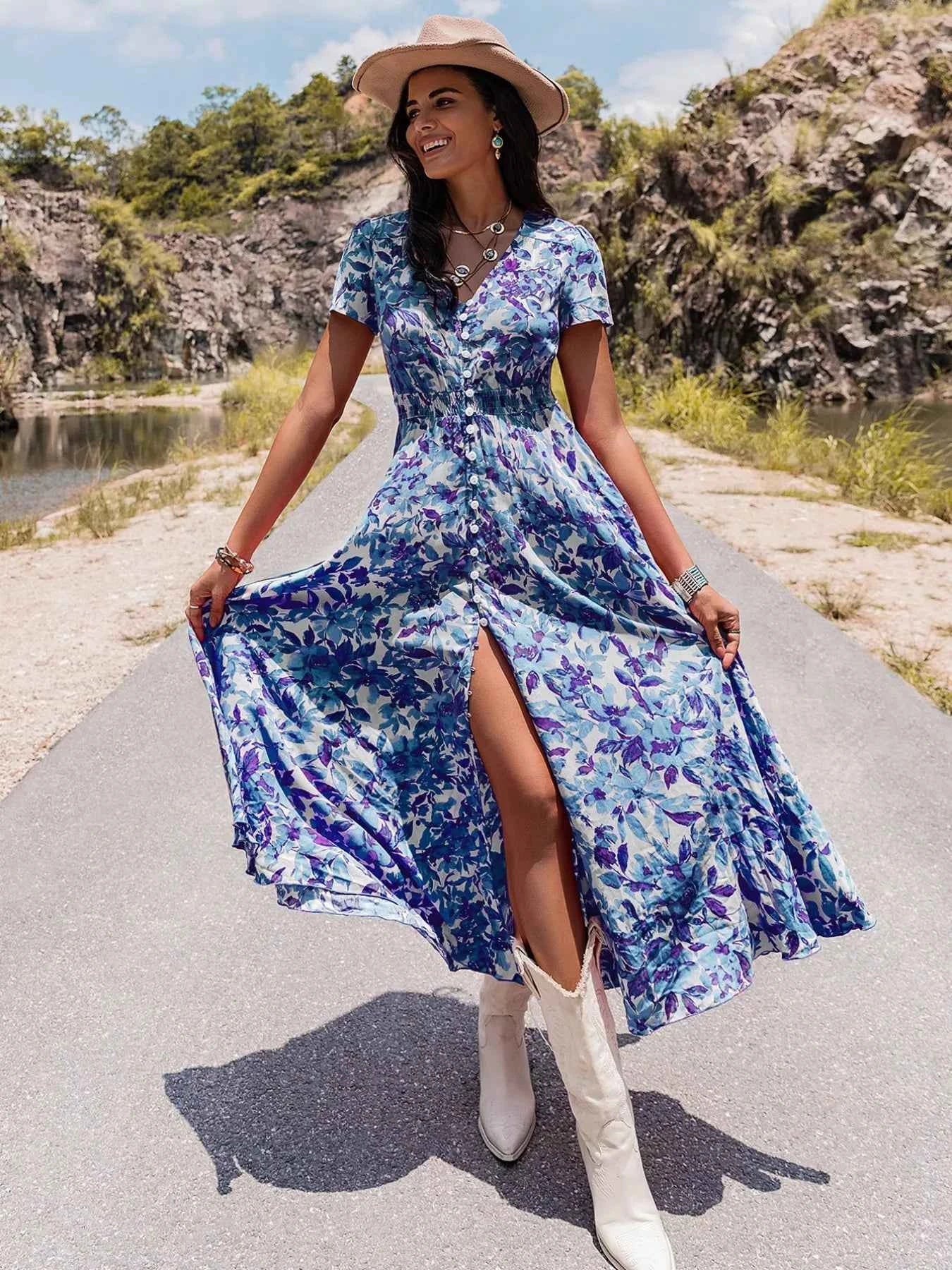 Floral Print V-Neck Slit Midi Dress