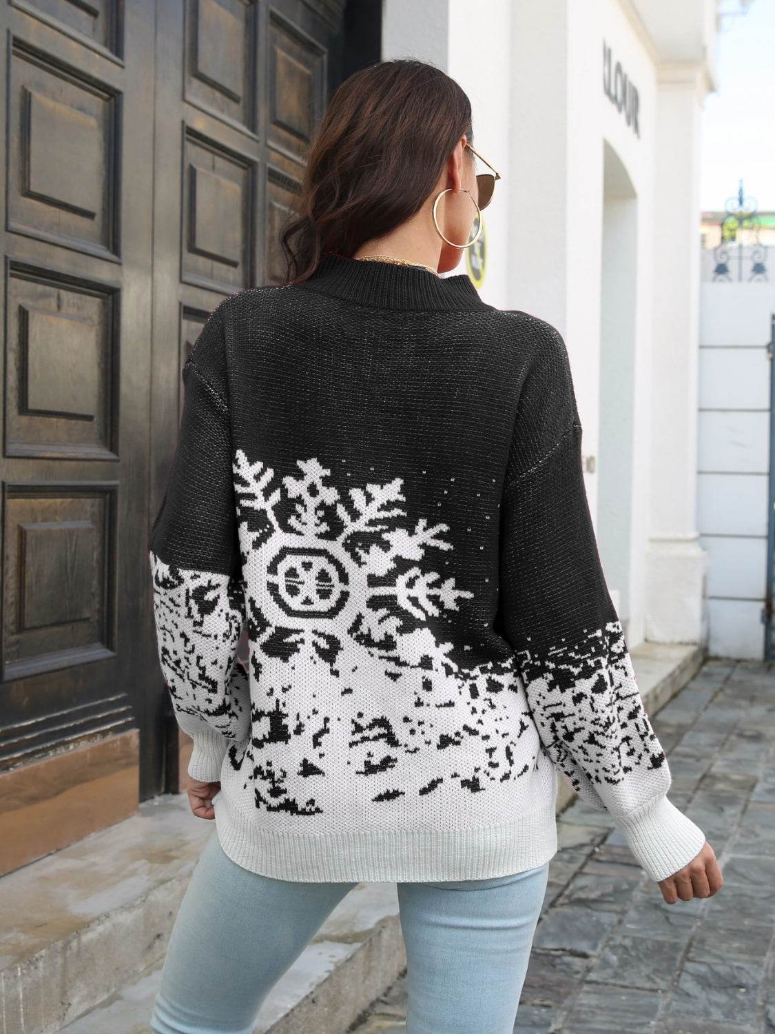 Snowflake Pattern Mock Neck Sweater - Fashions Envy