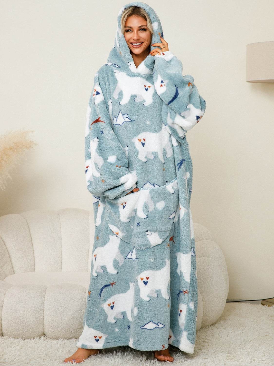 Fuzzy Pocketed Long Sleeve Hooded Lounge Dress - Fashions Envy