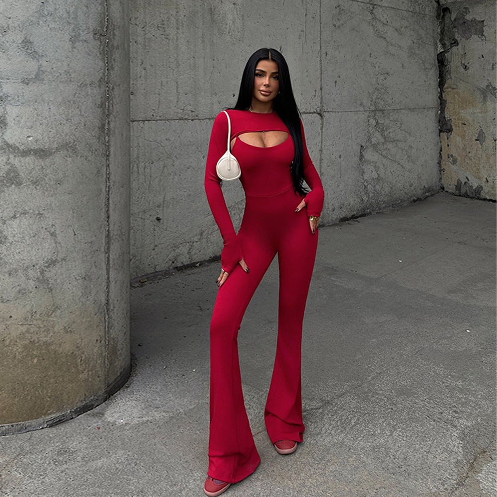 Long Sleeve Jumpsuit Set - Round Neck Tight Two-Piece