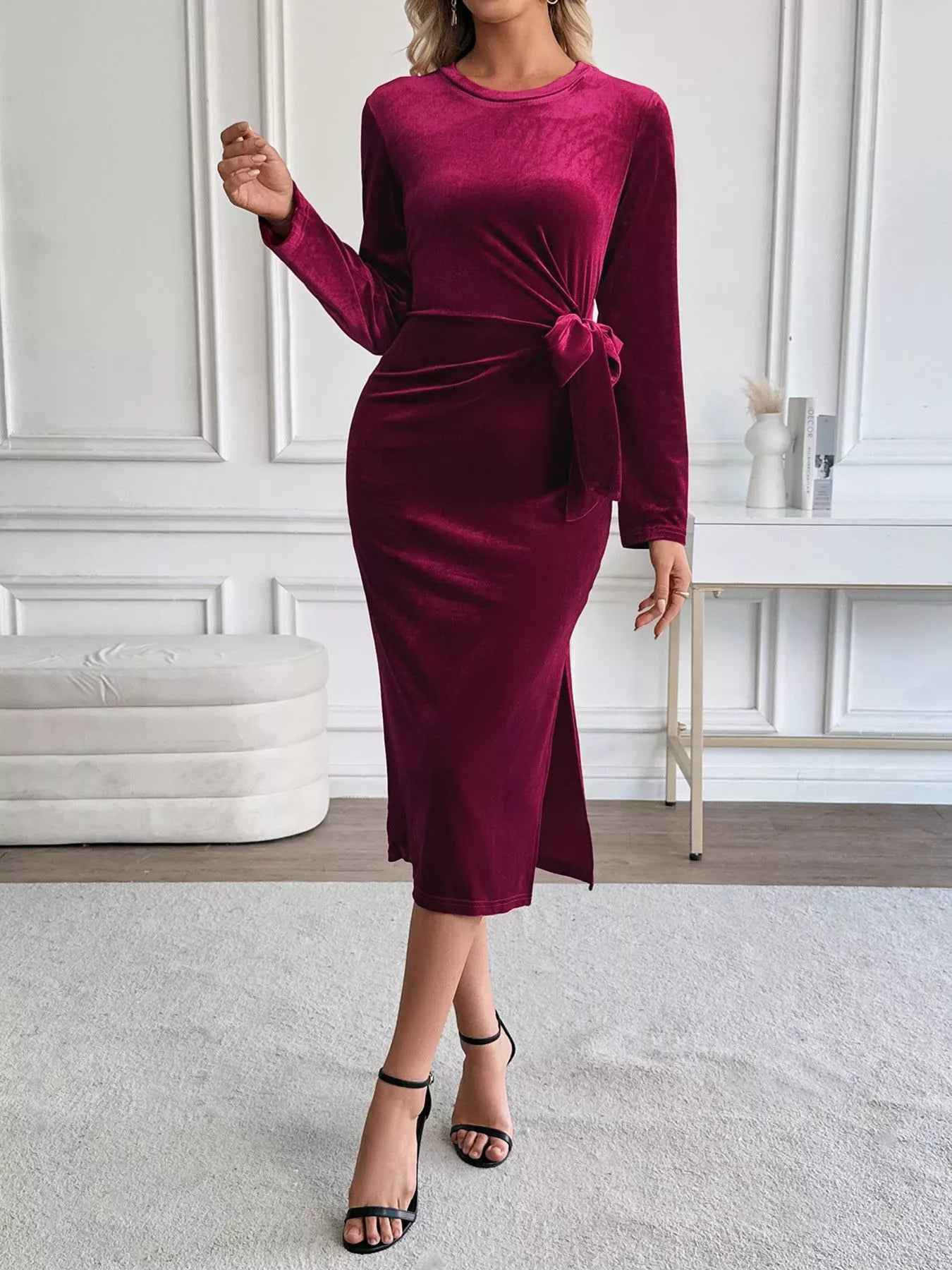Velvet Midi Party Dress - Chic Side-Tie Style - Fashions Envy