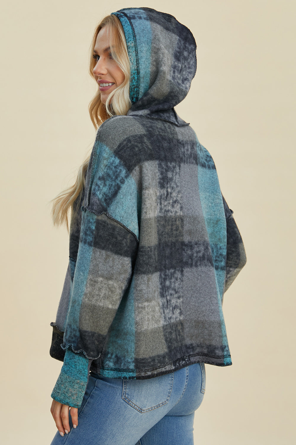 Double Take Full Size Plaid Dropped Shoulder Hoodie - Fashions Envy