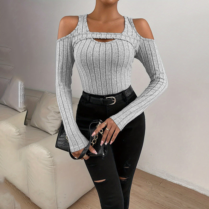 Cold Shoulder Ribbed Top - Cutout Long Sleeve Top