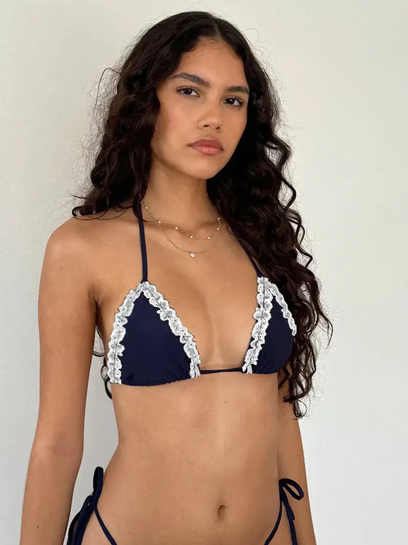 Mini Dot Print Lace Trim Halter Bra with Tie-Up Thong Bikini Swimsuit Set