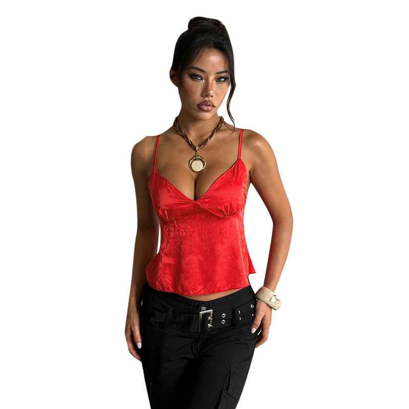 Satin Jacquard Slip Cami Top - V-Neck Loose Fit