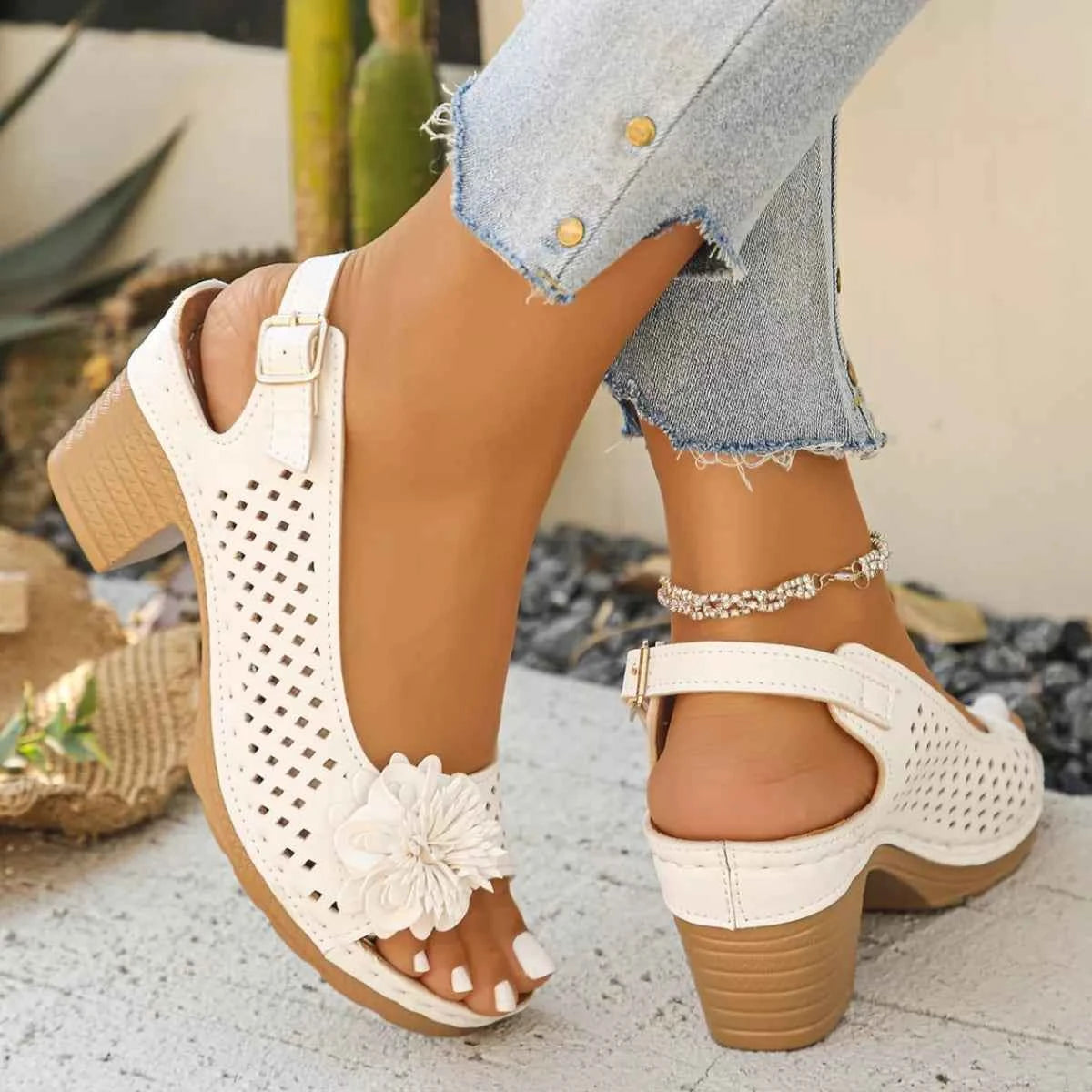Floral Accent Block Heel Sandals