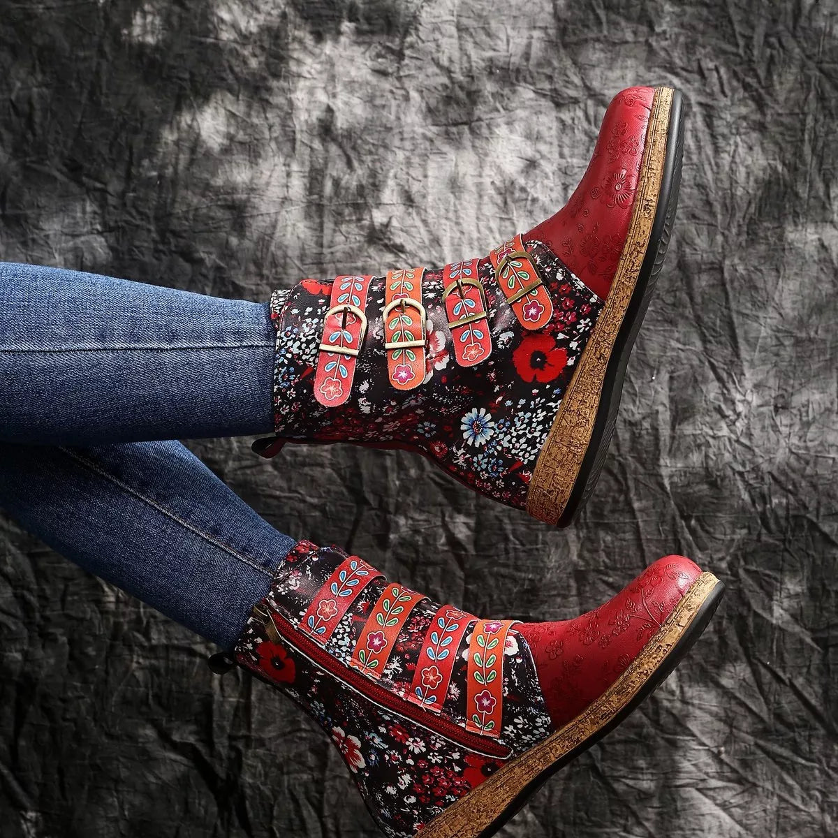 Embroidered Boots - Round Toe Flats - Fashions Envy