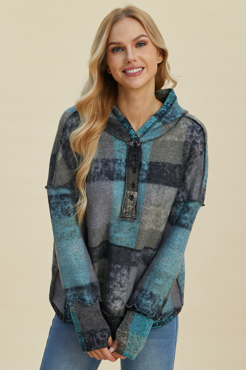 Double Take Full Size Plaid Dropped Shoulder Hoodie - Fashions Envy