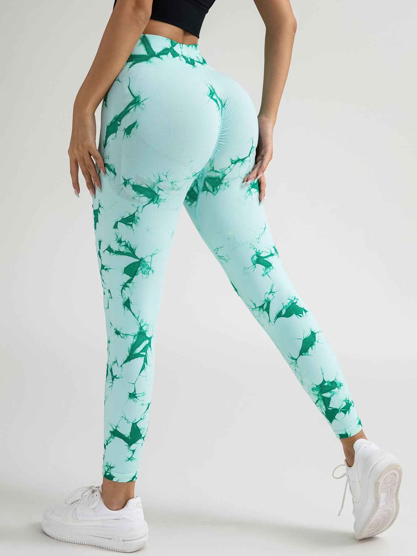 High-Waisted Yoga Leggings - Hollow-Out Tie-Dye Design