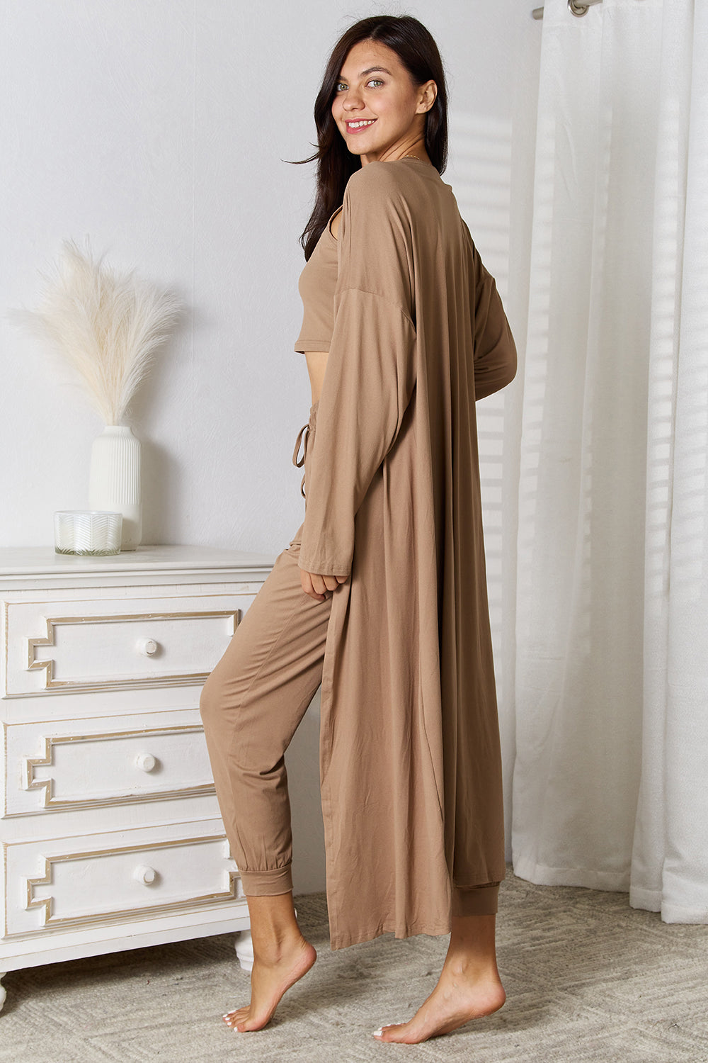 Crop Tank Top & Capri Pants with Long Cardigan Set