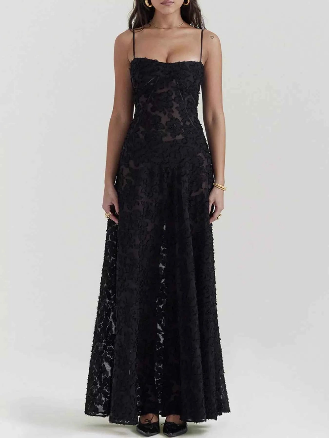 Black Maxi Dress - Lace Spaghetti Strap Gown