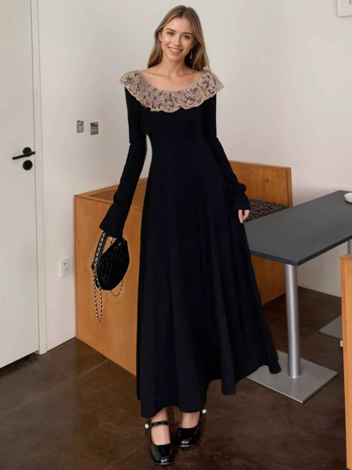 Black Maxi Dress - Lace Collar Long Sleeve Gown