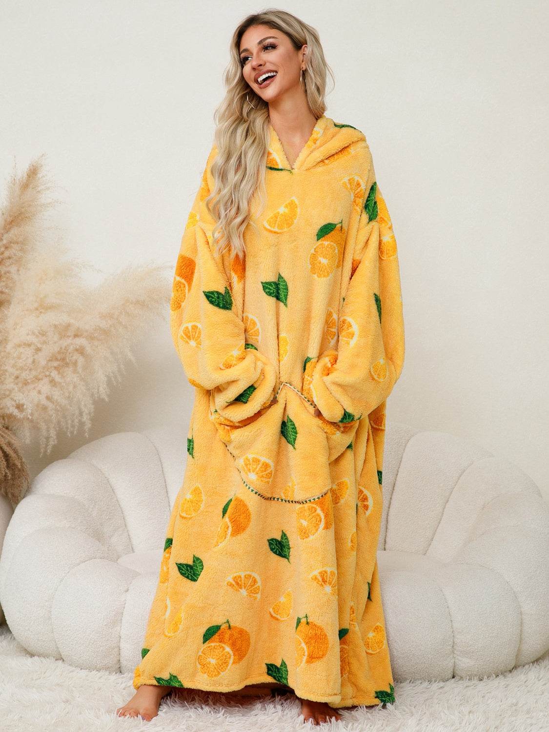Fuzzy Pocketed Long Sleeve Hooded Lounge Dress - Fashions Envy