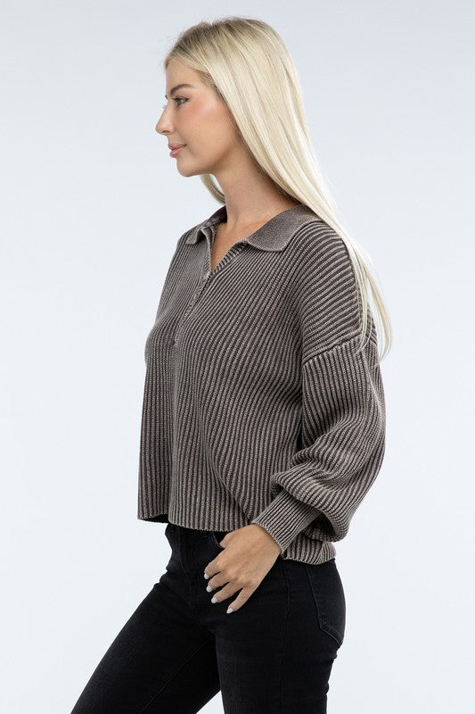 Ribbed Washed Collared Henley Sweater