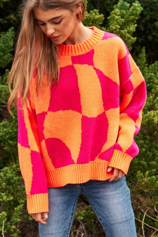 Oversized Multi Geo Checker Pullover Knit Sweater