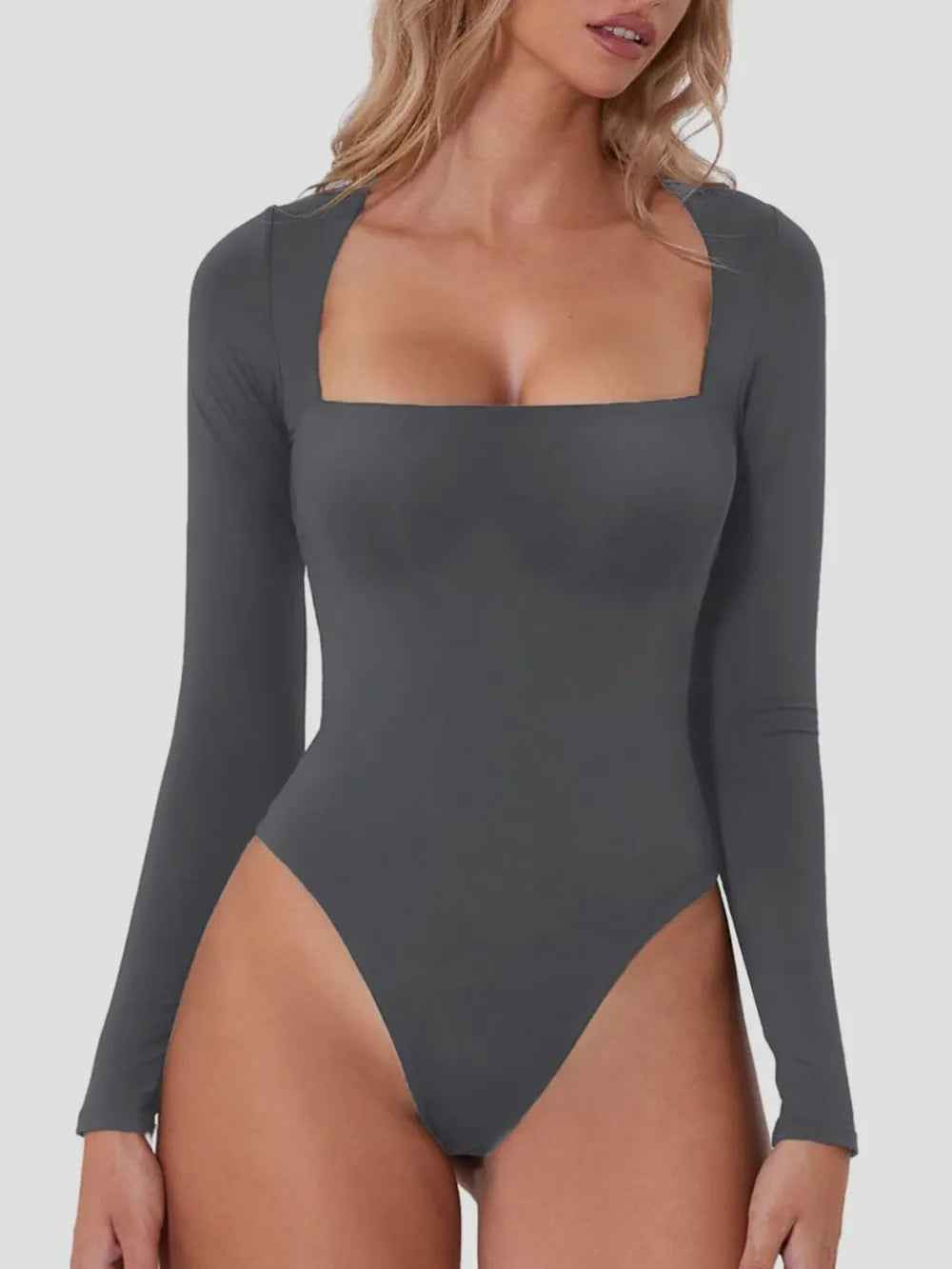 Square Neck Long Sleeve Bodysuit - Sleek Fitted Style - Fashions Envy