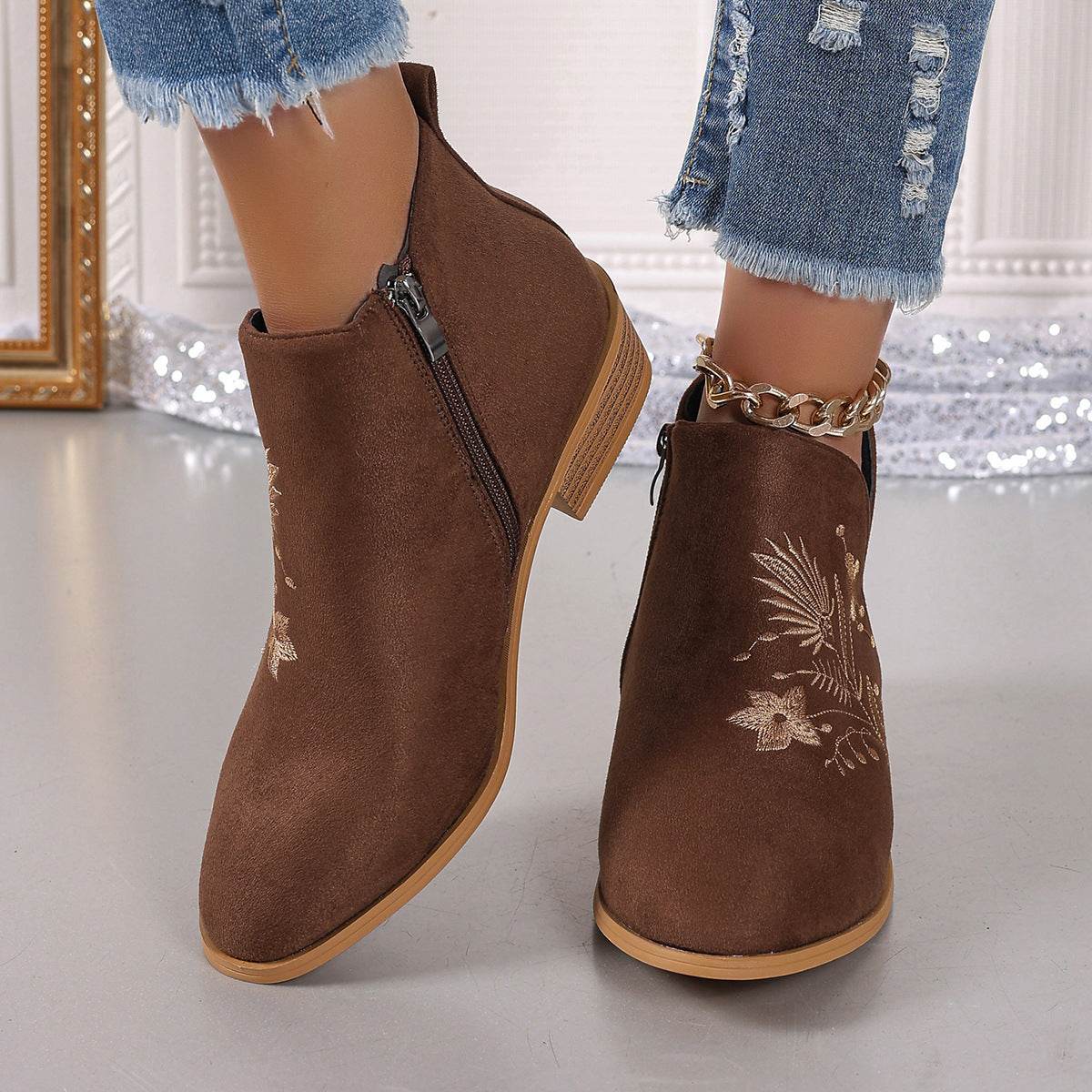 Embroidered Suede Point Toe Block Heel Boots - Fashions Envy