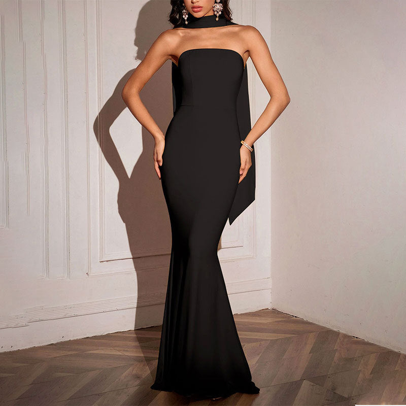 Strapless Ribbon-Trimmed Prom Gown - Fitted Sheath Dress