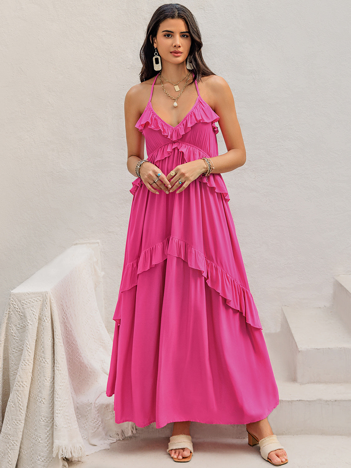 Hot Pink Ruffled Halter Neck Maxi Dress