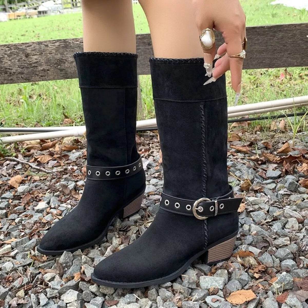 Point Toe Block Heels Boots - Mid Heel Ankle Boots - Fashions Envy