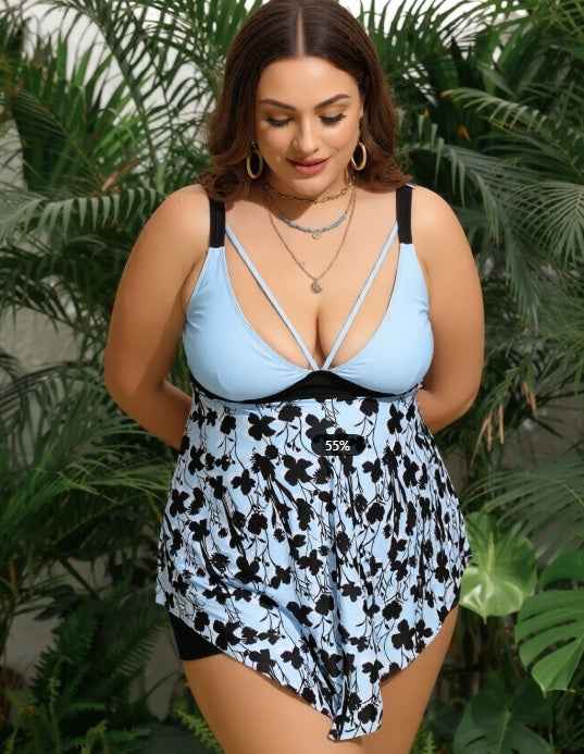 Plus Size Floral One Piece Swimsuit - Blue Tropical Print