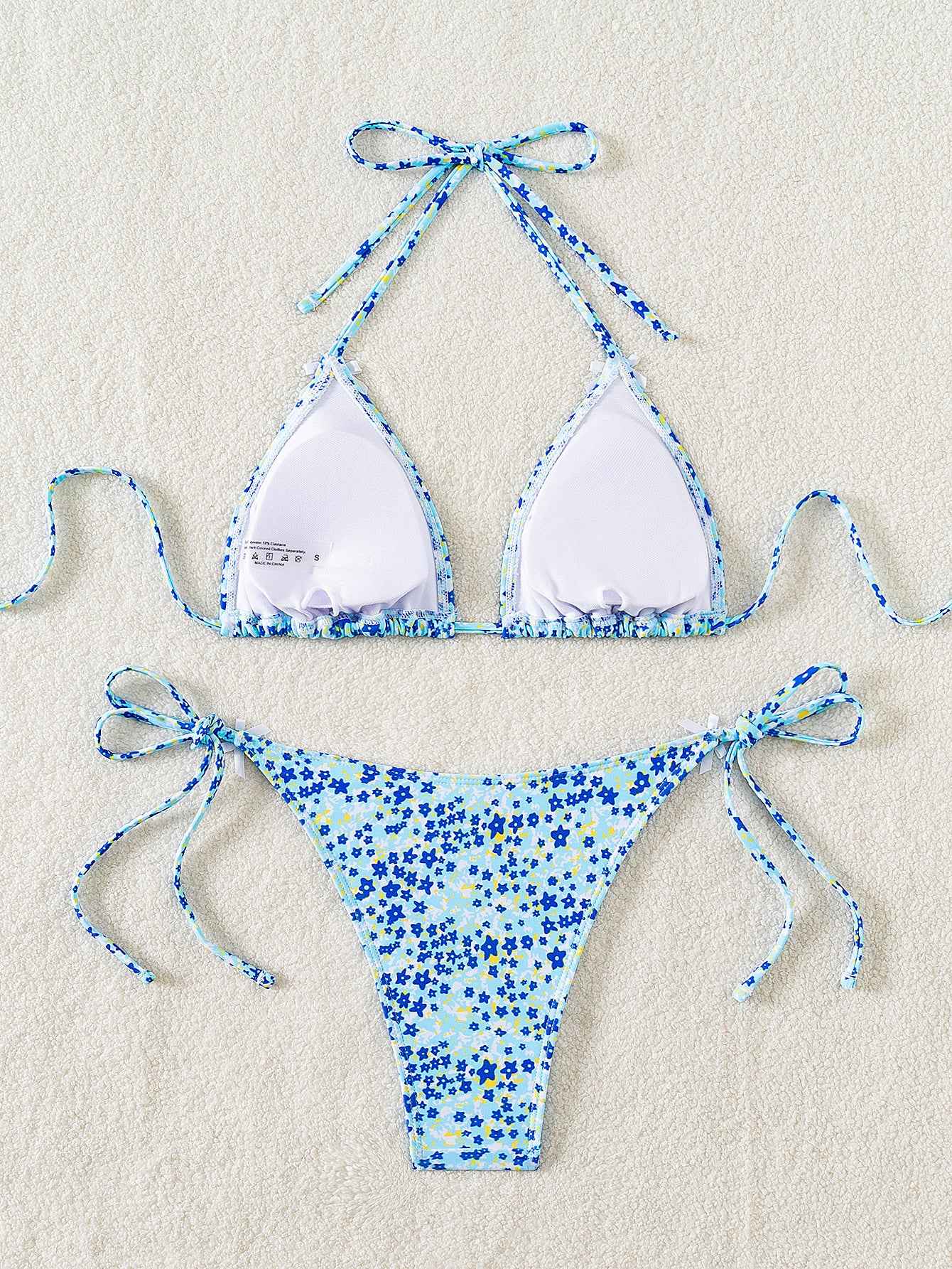 Floral Triangle Bikini - Lace Up Front Tie Bottoms Set