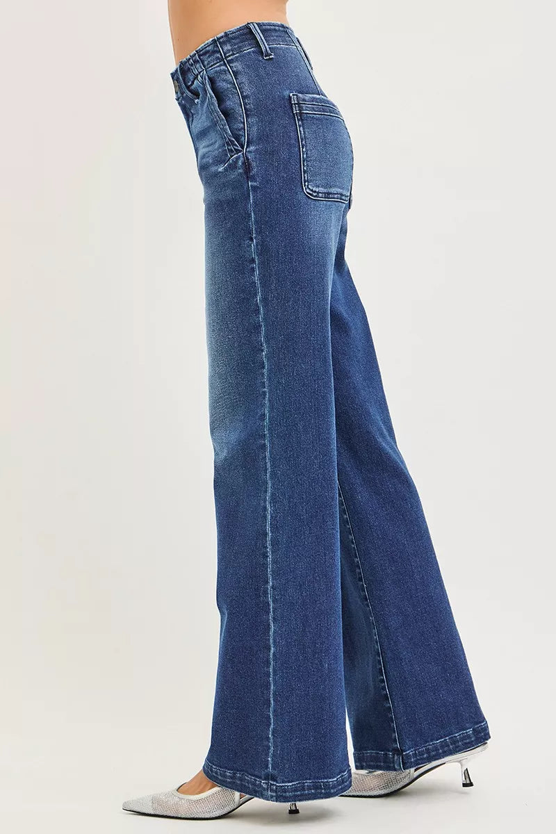 RISEN Wide Leg Jeans - Women's High Rise Slanted Pocket - Fashions Envy
