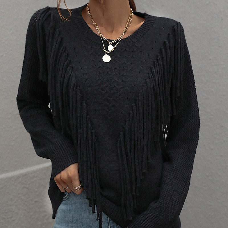 Women's Fringe Tassel Sweater - Casual Long Sleeve Crewneck Knit Pullover For Fall