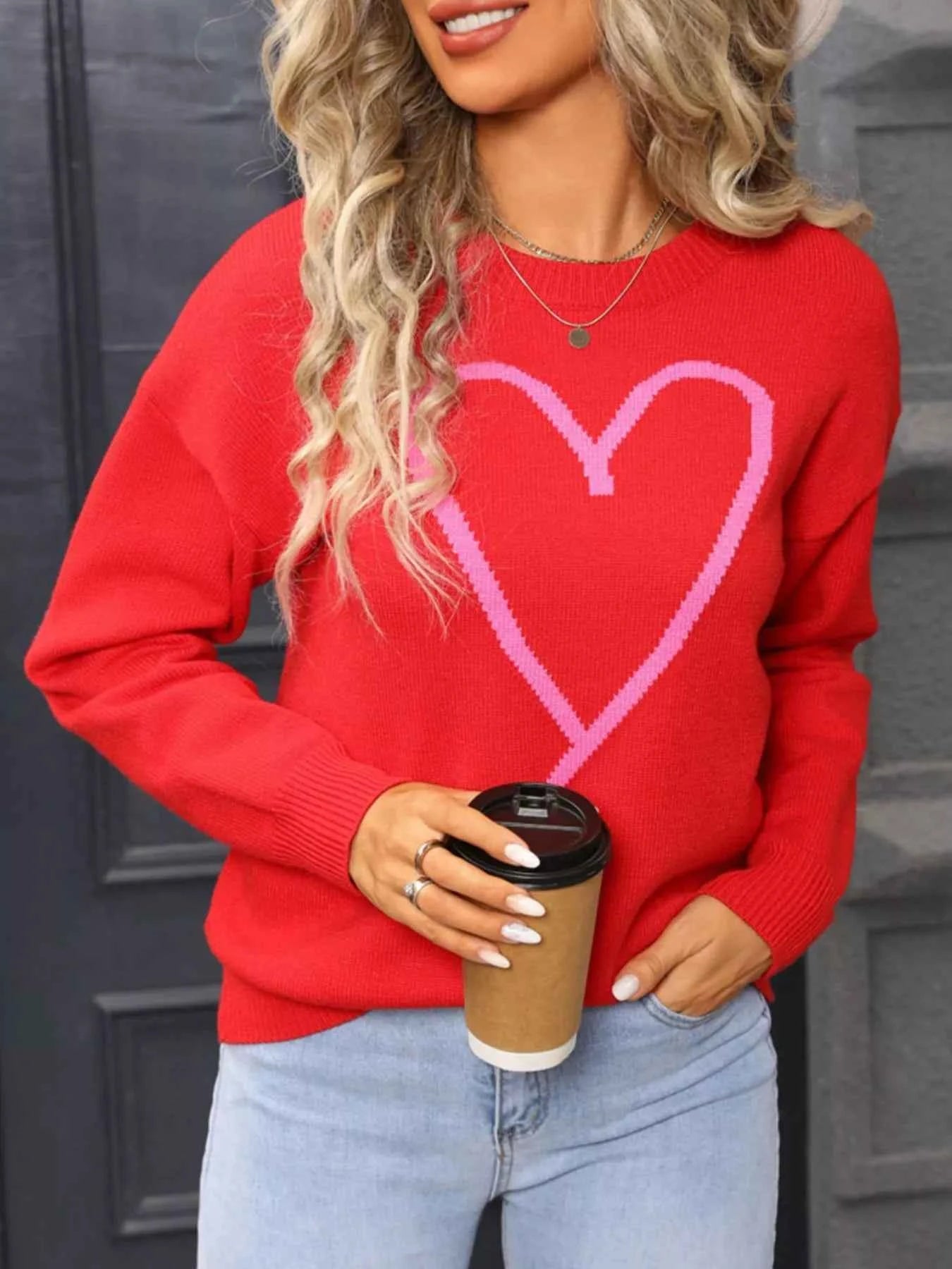 Valentine's Day Heart Graphic Dropped Shoulder Sweater - Fashions Envy